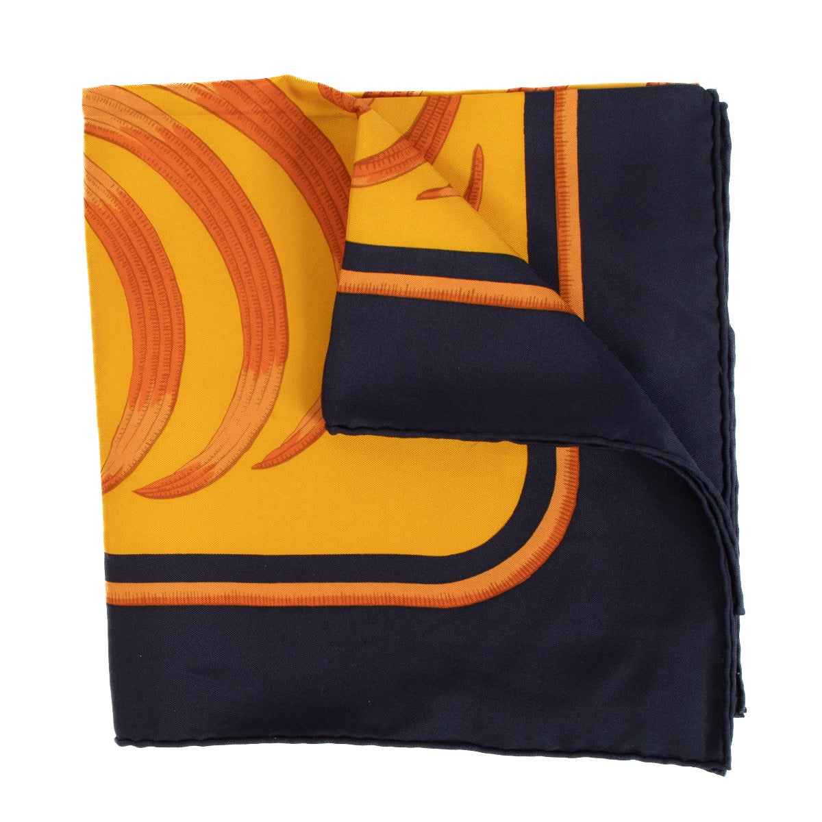 Shop safe online at Labellov in Antwerp, Brussels and Knokke this 100% authentic second hand Hermès Orange and Navy Blue Tiger Royal Silk Scarf