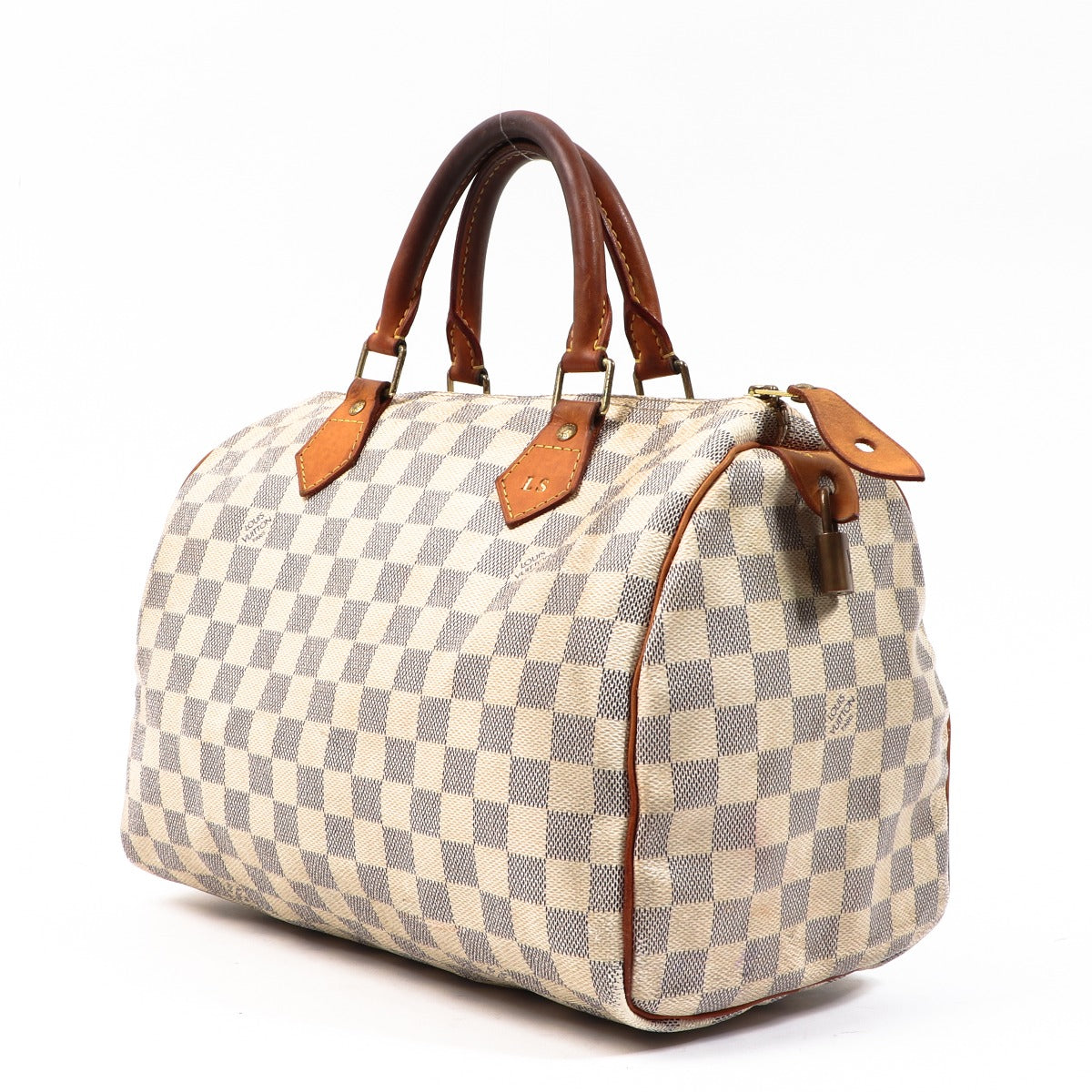 Buy an authentic second-hand Louis Vuitton Damier Azur Canvas Speedy 30 Top Handle Bag in very good condition at Labellov in Antwerp.