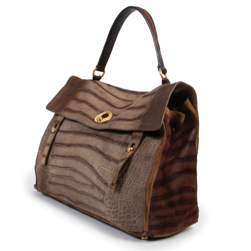 Shop safe online at Labellov in Antwerp this 100% authentic second hand Yves Saint Laurent Brown Croco Embossed Muse Two Top Handle