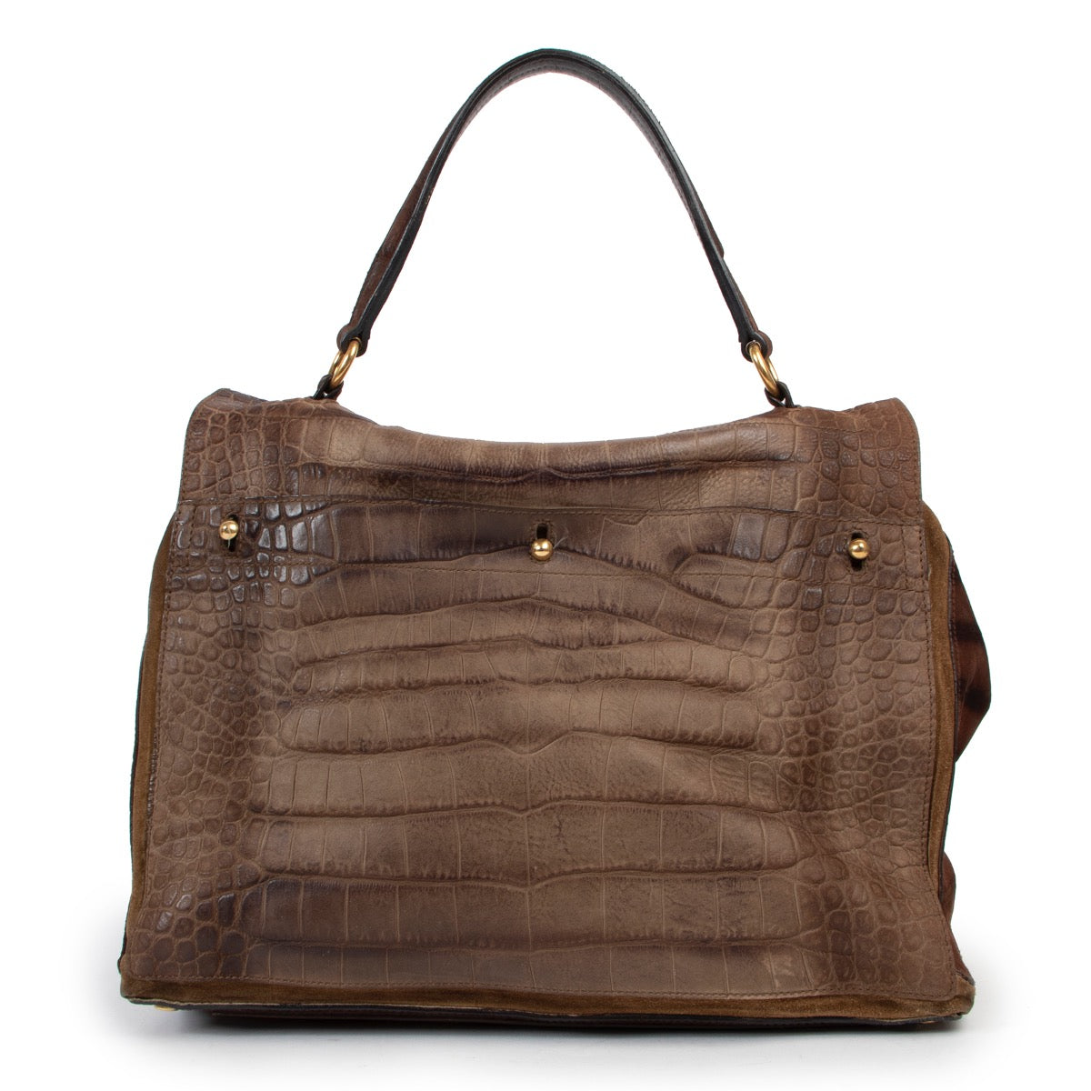 Shop safe online at Labellov in Antwerp this 100% authentic second hand Yves Saint Laurent Brown Croco Embossed Muse Two Top Handle