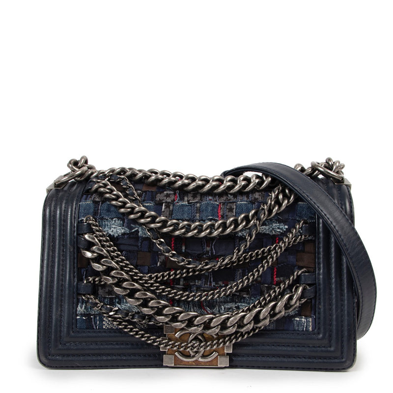 Buy an authentic second hand Chanel Enchained Blue Tweed Medium Boy Bag in very good condition at Labellov
