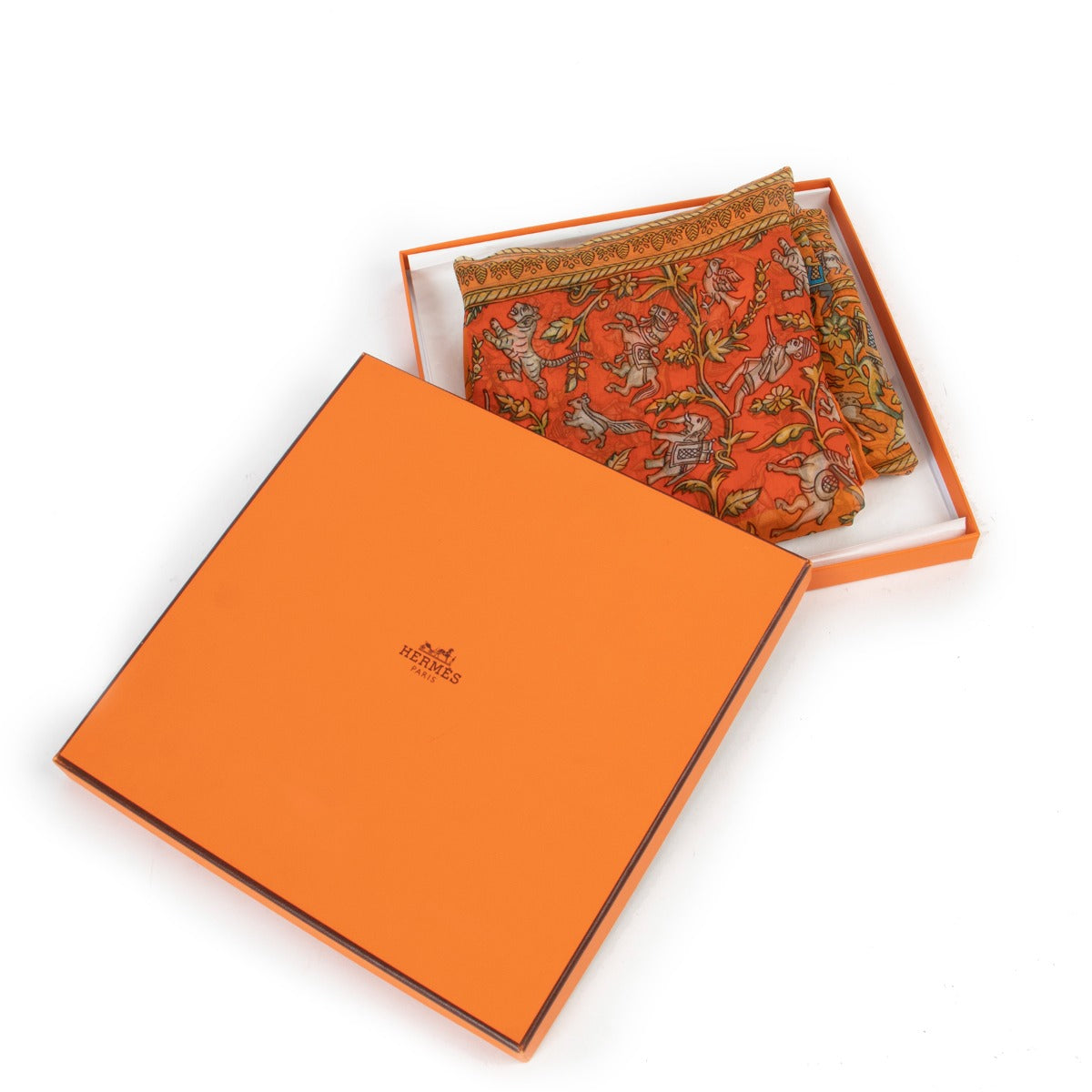 Shop authentic second hand Hermès Orange Chasse En Inde Silk Chiffon 140 Scarf at Labellov
