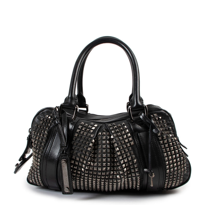 Buy an authentic second hand Burberry Black Leather Prorsum Studded Knight Satchel Top Handle in very good condition at Labellov