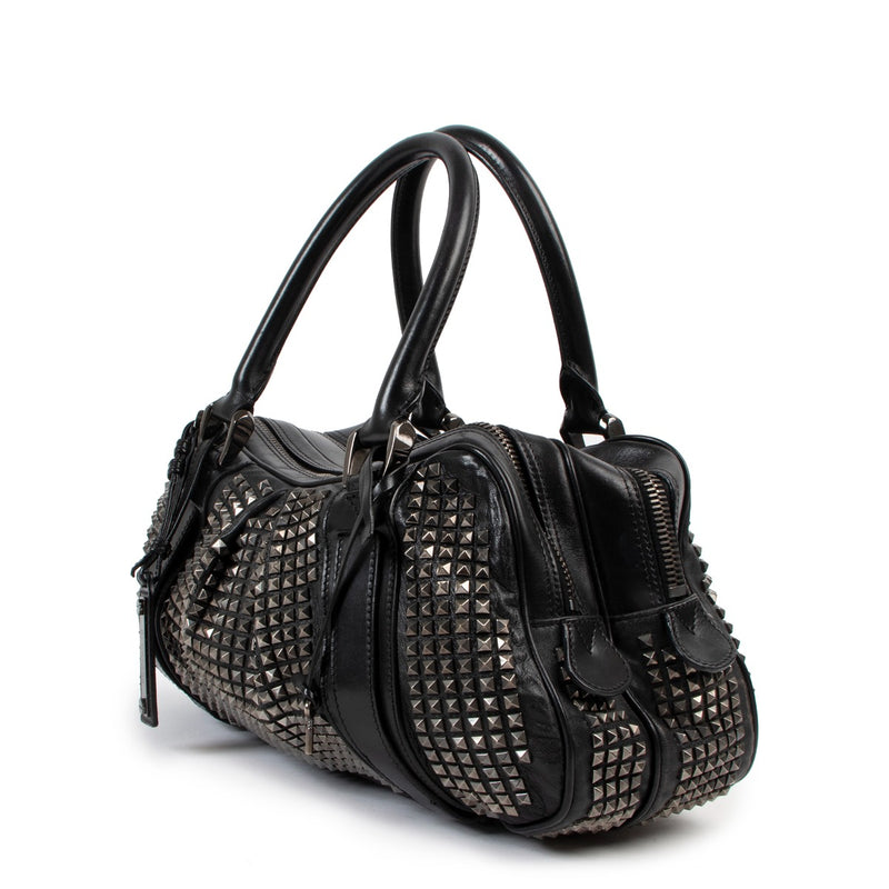 Buy an authentic second hand Burberry Black Leather Prorsum Studded Knight Satchel Top Handle in very good condition at Labellov