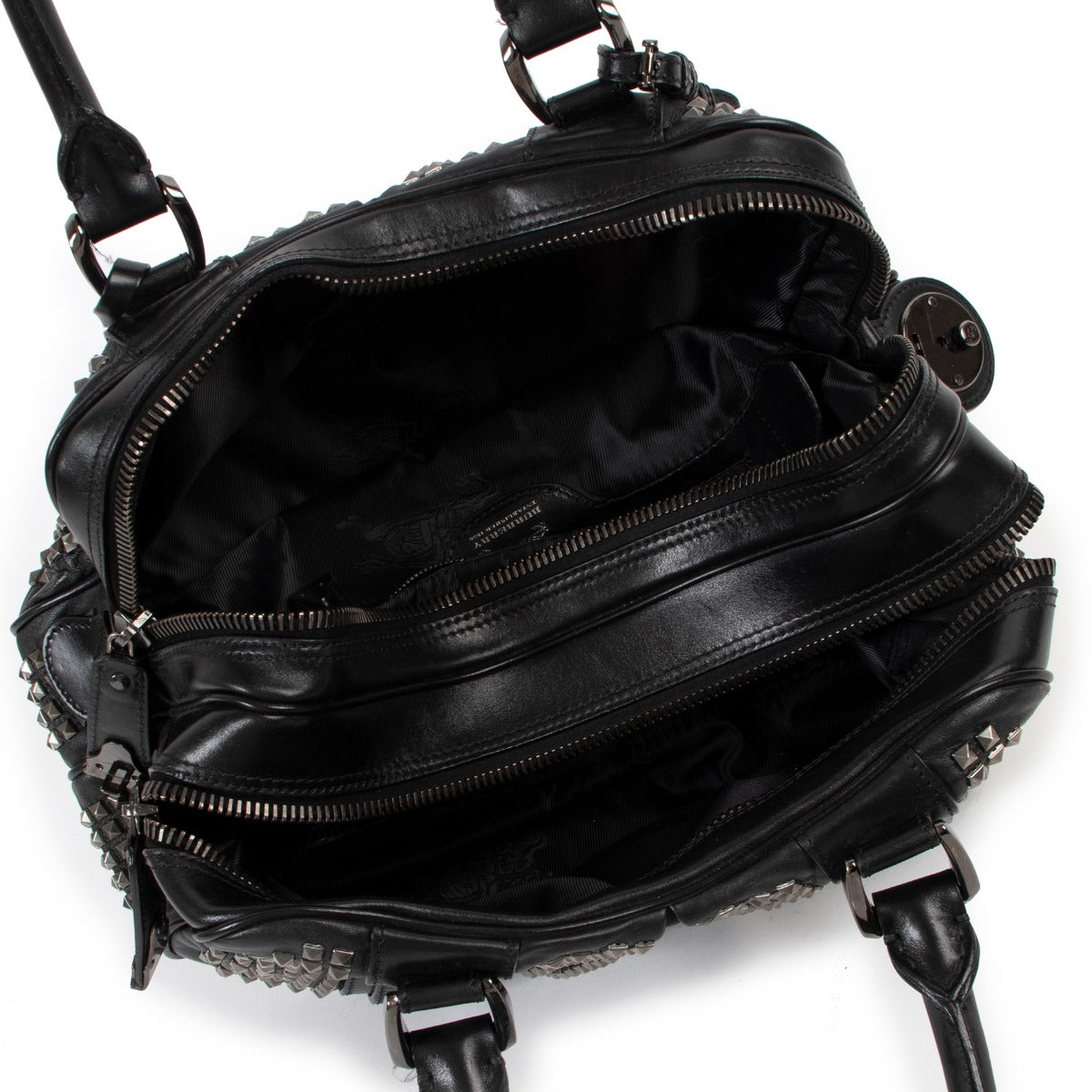 Buy an authentic second hand Burberry Black Leather Prorsum Studded Knight Satchel Top Handle in very good condition at Labellov