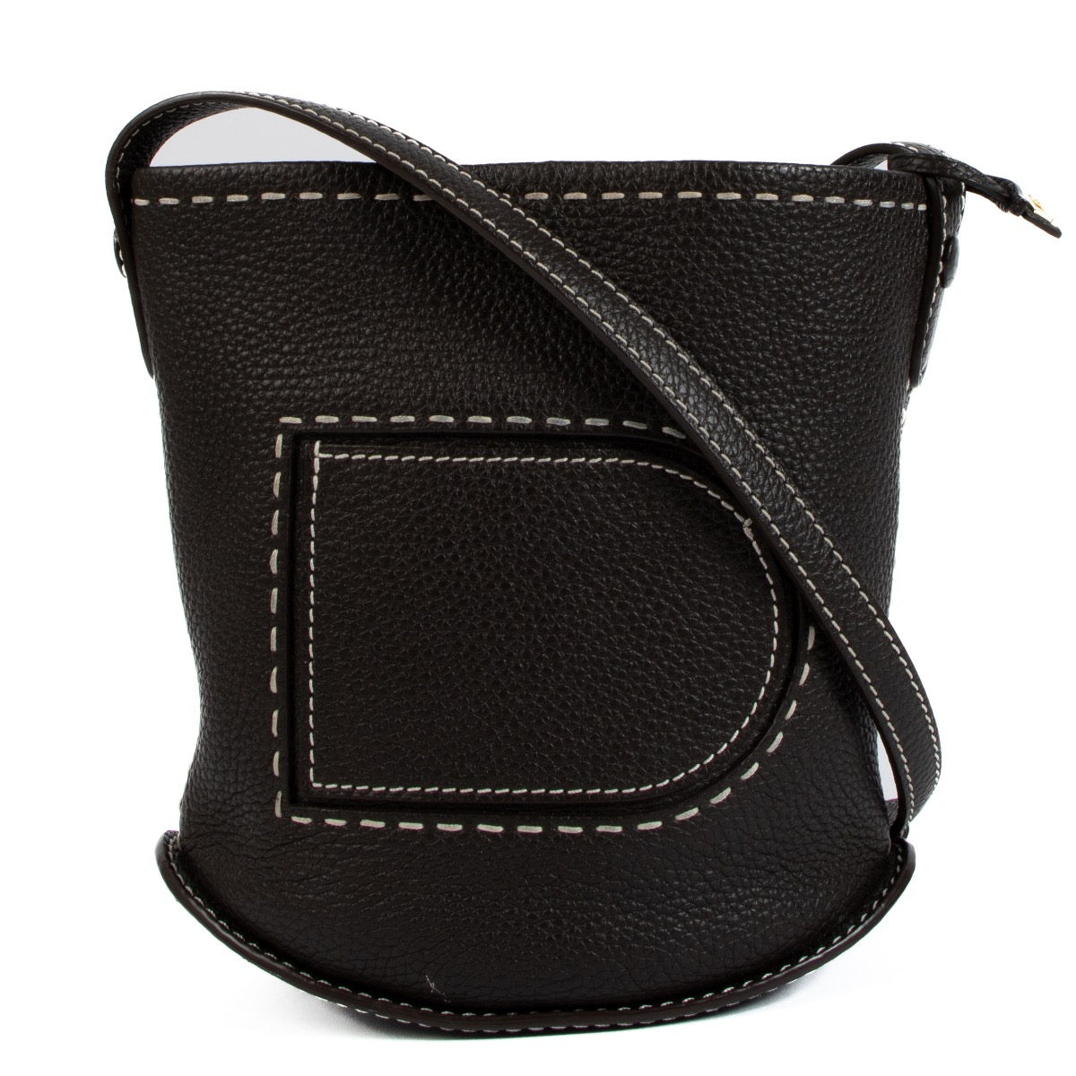 Shop safe online at Labellov in Antwerp, Brussels and Knokke this 100% authentic second hand Delvaux Ebene Taurillon Soft Pin Mini Bucket Surpiqué