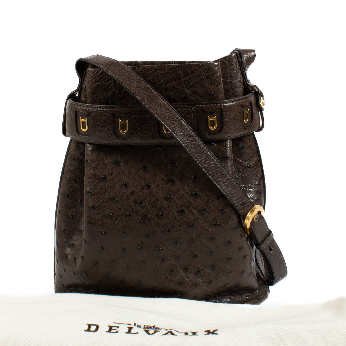 Preloved Delvaux Brown Ostrich Calicot Crossbody Bag Experience understated elegance with the Delvaux Brown Ostrich Calicot Crossbody Bag, a stunning blend of luxury and functionality. Crafted from exquisite ostrich leather, its rich texture and warm b