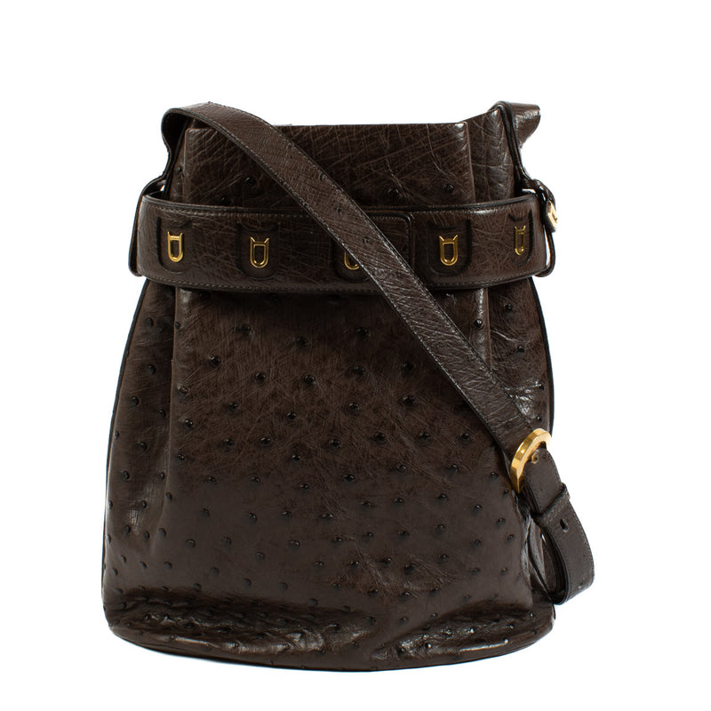 Delvaux Brown Ostrich Calicot Crossbody Bag