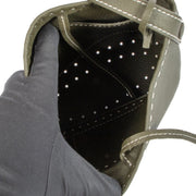 Shop safe online at Labellov in Antwerp, Brussels and Knokke this 100% authentic second hand Delvaux Kaki Taurillon Soft Pin Mini Bucket Surpiqué