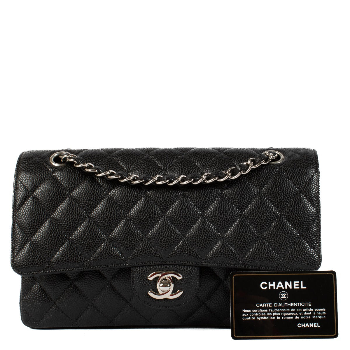 Shop safe online at Labellov in Antwerp, Brussels and Knokke this 100% authentic second hand Chanel Black Caviar Medium Classic Flap Bag