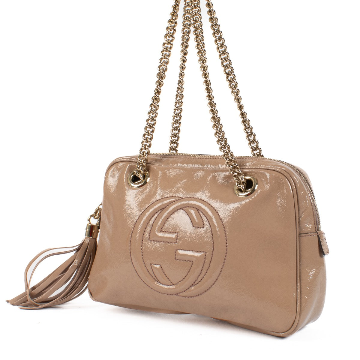 Shop safe online at Labellov in Antwerp, Brussels and Knokke this 100% authentic second hand Gucci Pink Patent Leather Soho Chain Shoulder Bag