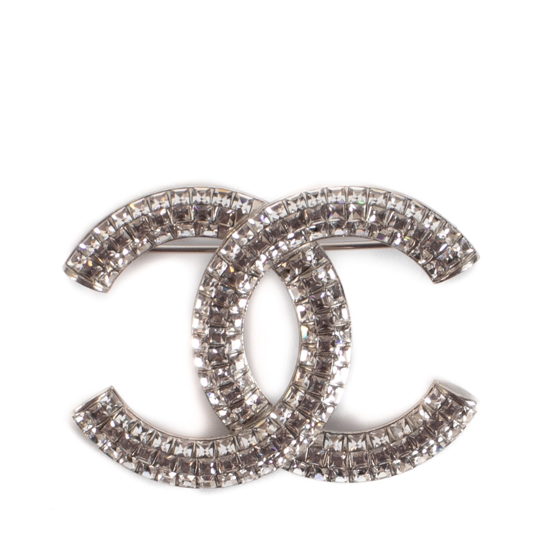 Chanel 17V Silver Crystal CC Brooch
