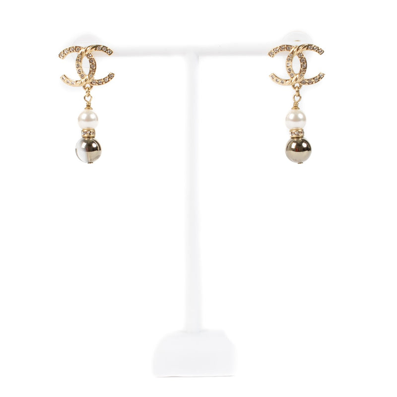 Chanel 23C Crystal CC Pearl Bead Pedant Earrings