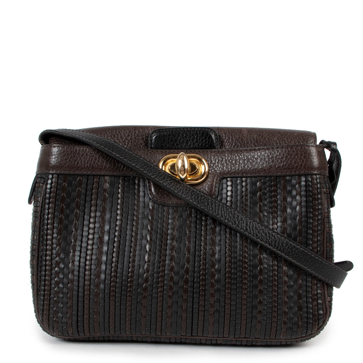Shop vintage Delvaux Brown Toile De Cuir Turnlock Crossbody Bag at Labellov