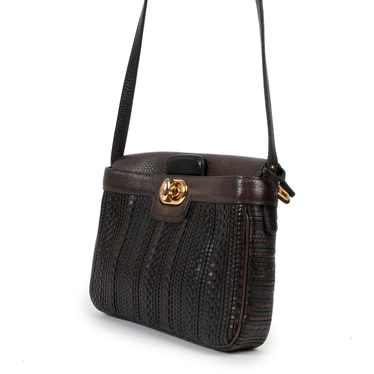 Shop vintage Delvaux Brown Toile De Cuir Turnlock Crossbody Bag at Labellov