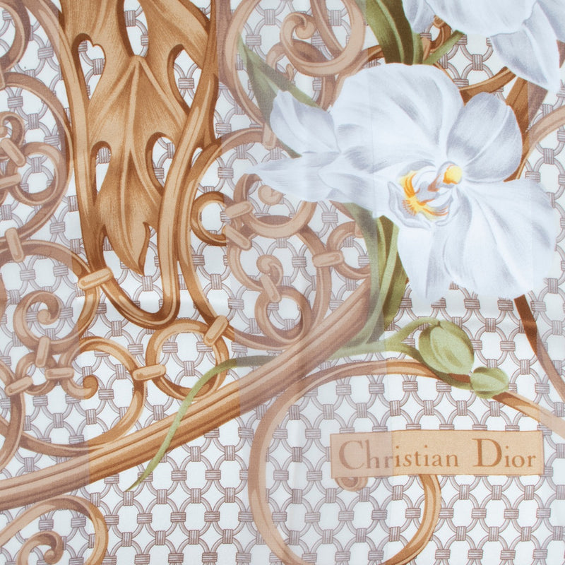 Shop safe online at Labellov in Antwerp this 100% authentic second hand Christian Dior Brown Orchidee Silk Scarf