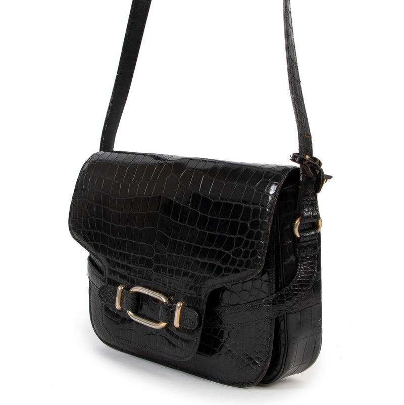 Designer vintage Belgium Delvaux Vintage Black Crocodile Messenger Bag at Labellov