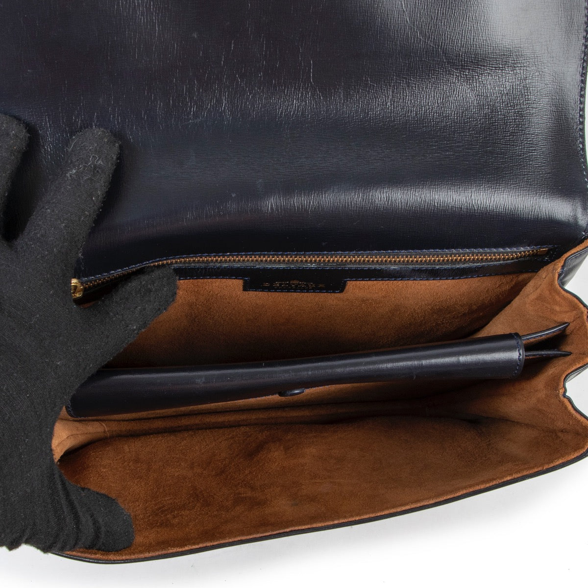 Buy an authentic second hand Delvaux Vintage Navy Blue Box Calf D Logo Shoulder Bag in very good condition at Labellov