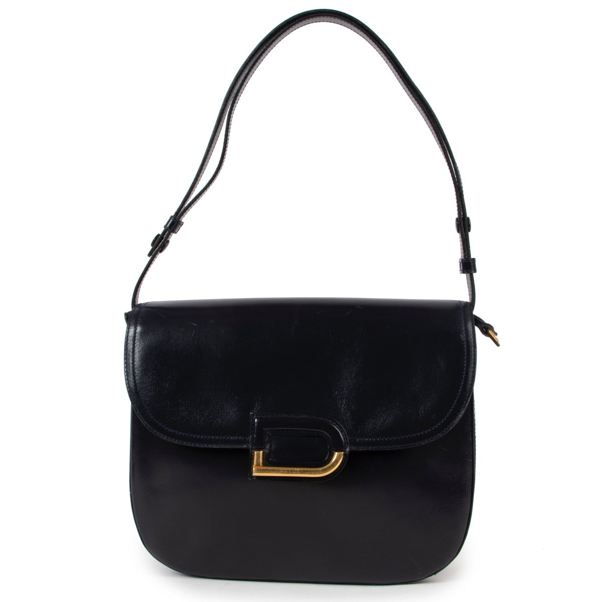 Buy an authentic second hand Delvaux Vintage Navy Blue Box Calf D Logo Shoulder Bag in very good condition at Labellov