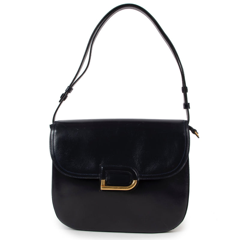 Buy an authentic second hand Delvaux Vintage Navy Blue Box Calf D Logo Shoulder Bag in very good condition at Labellov