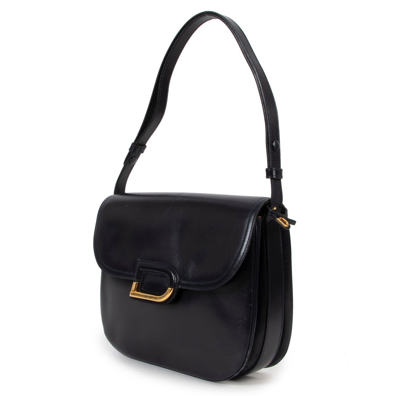 Delvaux Vintage Navy Blue Box Calf D Logo Shoulder Bag