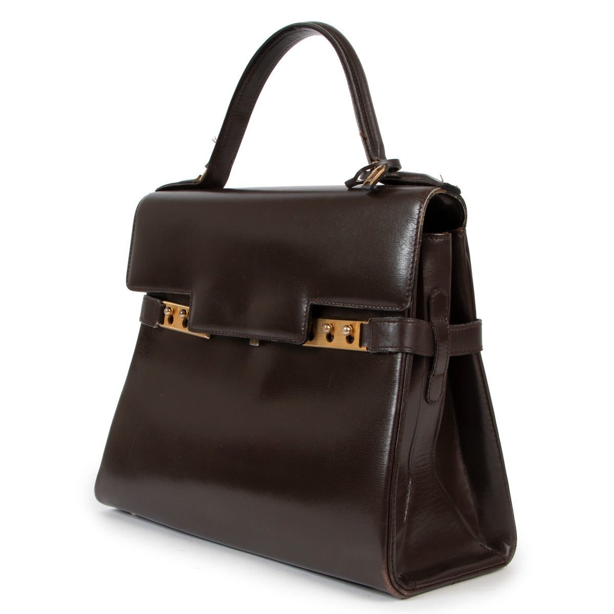 buy online an authentic second hand Delvaux Brown Tempête MM Box Calf Handbag in very good condition at labellov in Antwerp