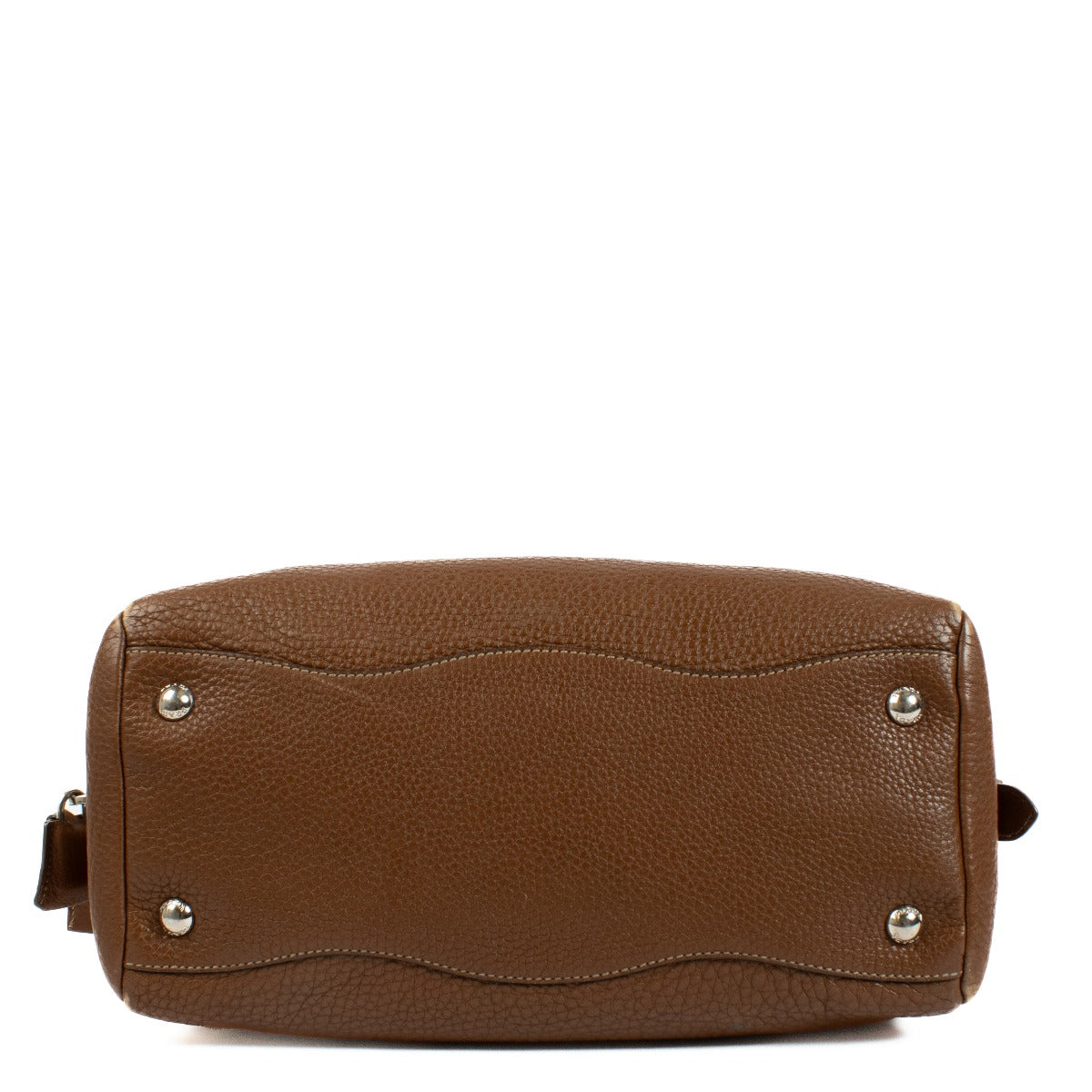 Prada Brown Vitello Daino Bauletto Bag crafted from textured Vitello Daino leather, featuring a sleek structured design, gold-tone hardware, and spacious interior.Shop now on Labellov.com.