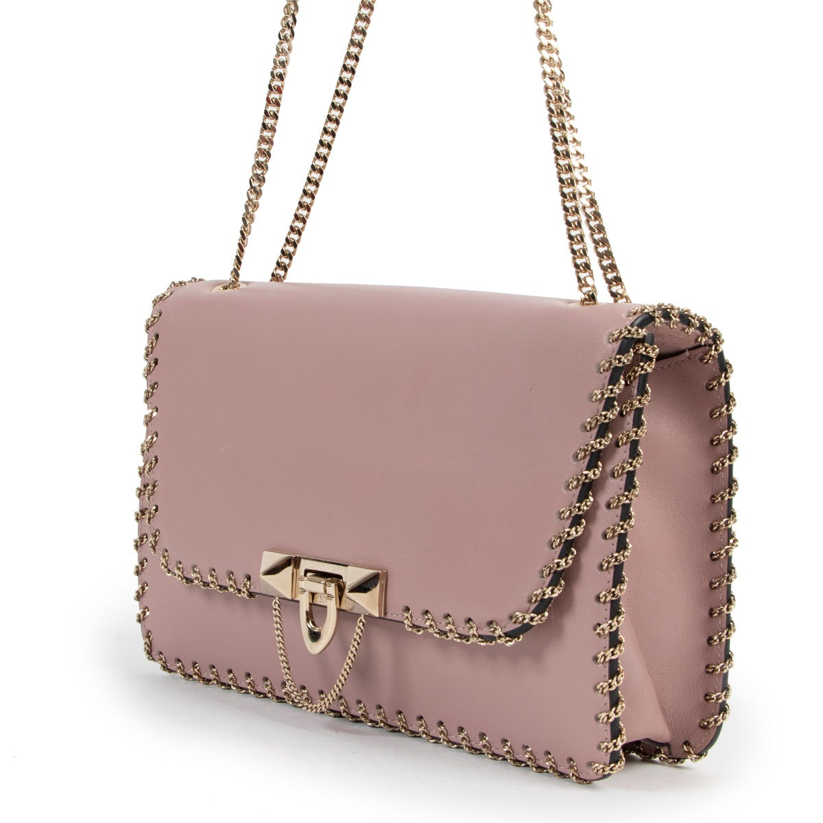 Buy online an authentic second hand Valentino Garavani Pink Rockstud Demilune Whipstitch Crossbody in good condition at Labellov in Antwerp.