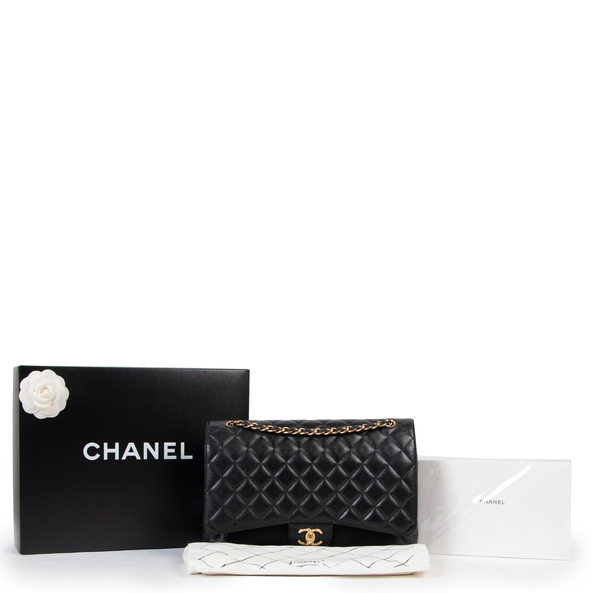 Buy an authentic second hand Chanel Black Caviar Maxi Classic Double Flap Bag as new at Labellov.