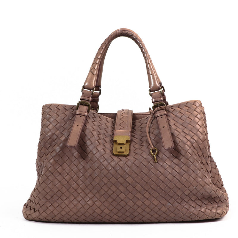 Bottega Veneta Taupe Medium Roma Intrecciato Handbag