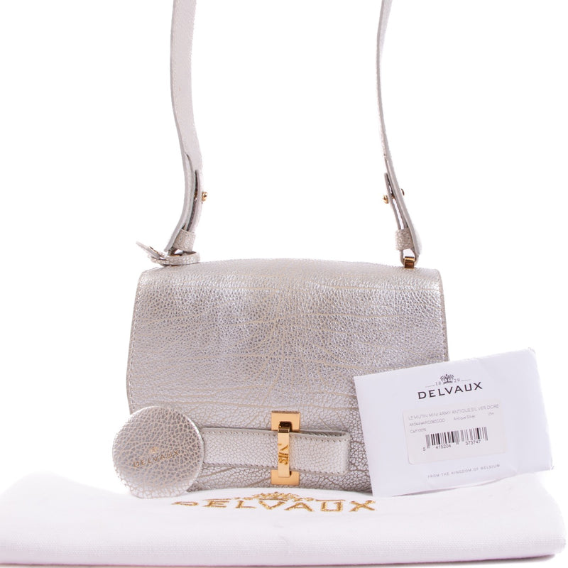 Shop safe online at Labellov in Antwerp, Brussels or Knokke this 100% authentic second hand Delvaux Le Mutin Mini Silver Crispy Calf Crossbody