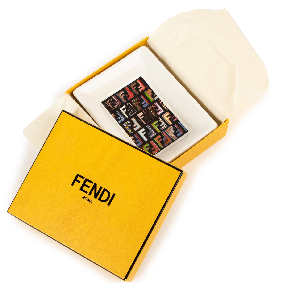 Second hand luxury designer dinnerware home decoration Fendi White Logo Print Porcelain Square Plate at Labellov