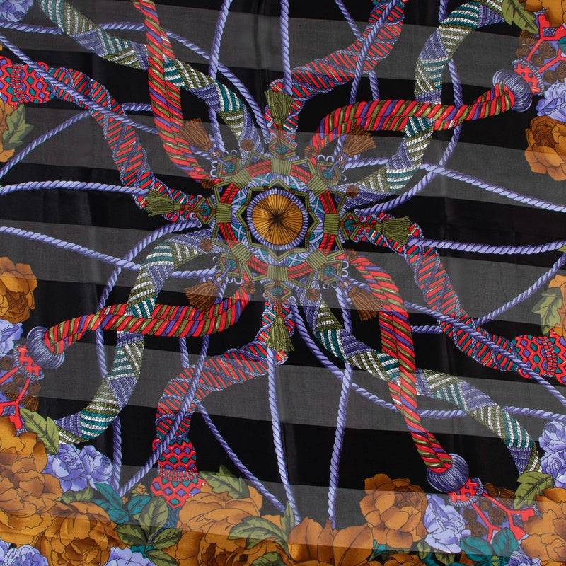 Balenciaga Vintage XL Floral Print Black Silk Chiffon Scarf