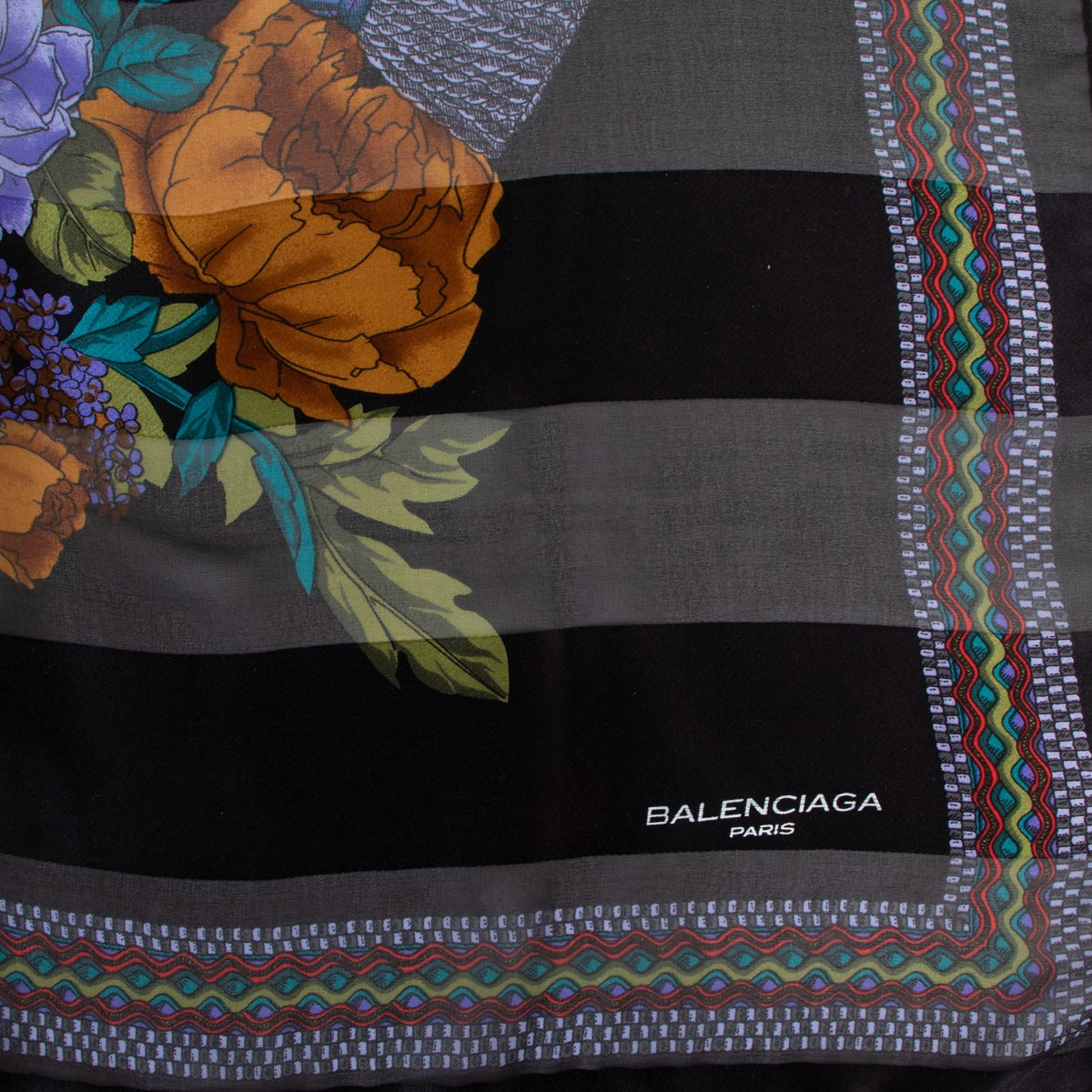 Balenciaga Vintage XL Floral Print Black Silk Chiffon Scarf