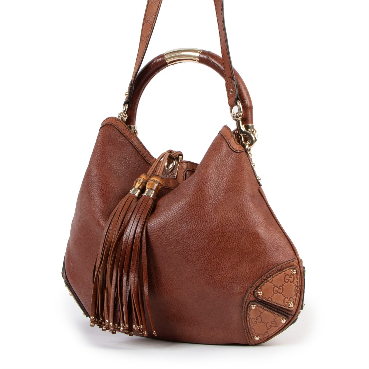 Buy online an autentic second hand Gucci Brown Babouska Indy Large Shoulder Bag in very good condition at Labellov in Antwerp.