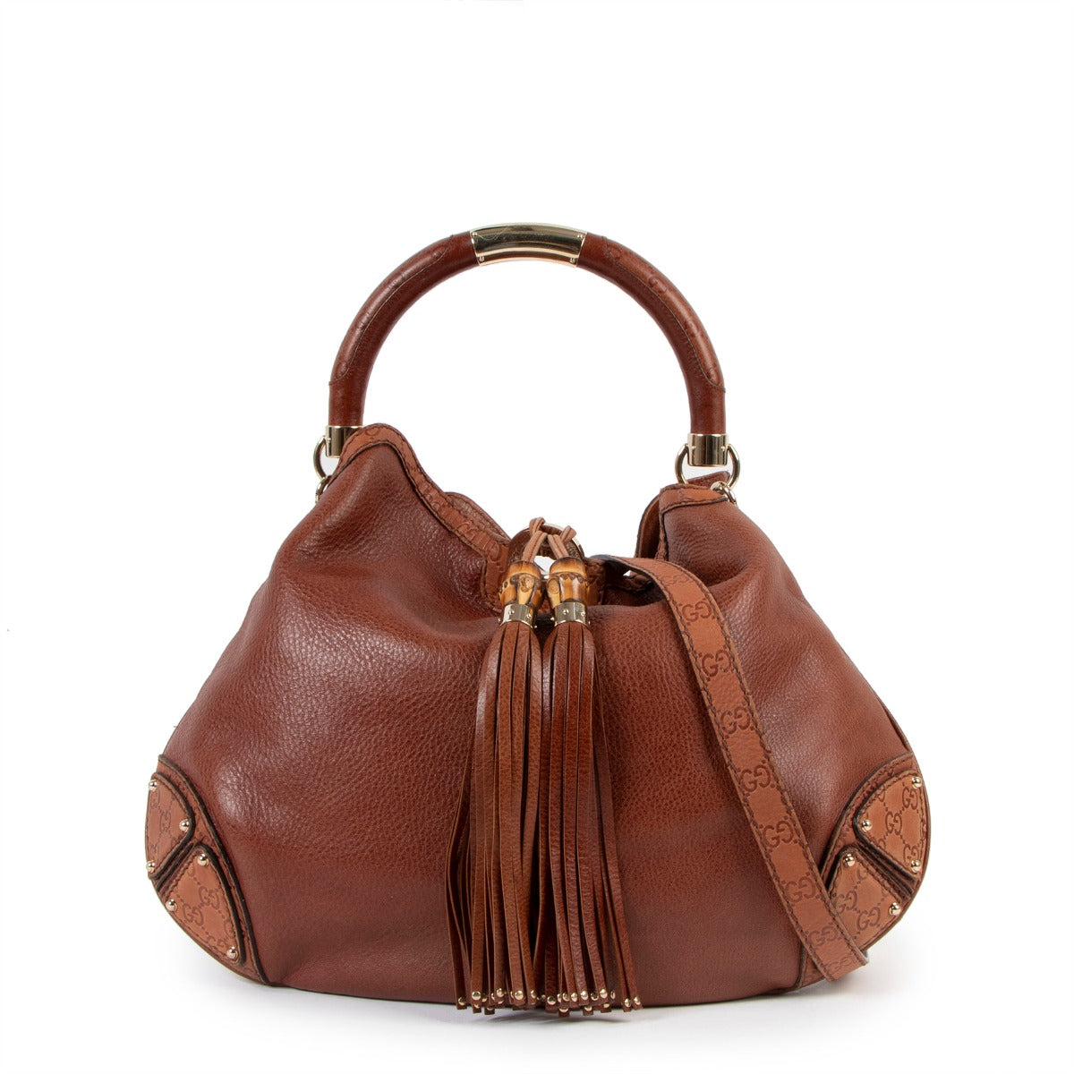 Buy online an autentic second hand Gucci Brown Babouska Indy Large Shoulder Bag in very good condition at Labellov in Antwerp.
