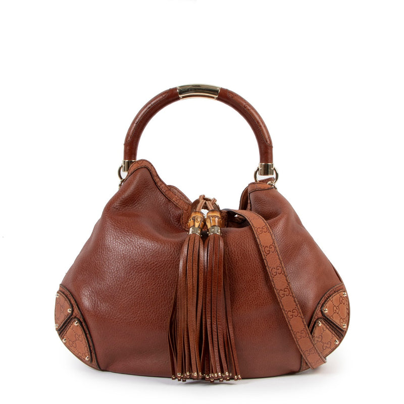 Buy online an autentic second hand Gucci Brown Babouska Indy Large Shoulder Bag in very good condition at Labellov in Antwerp.