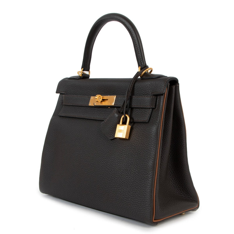 authentic second hand Hermès HSS Kelly 28 Chocolat/Gold Togo Matt Gold Hardware at labellov