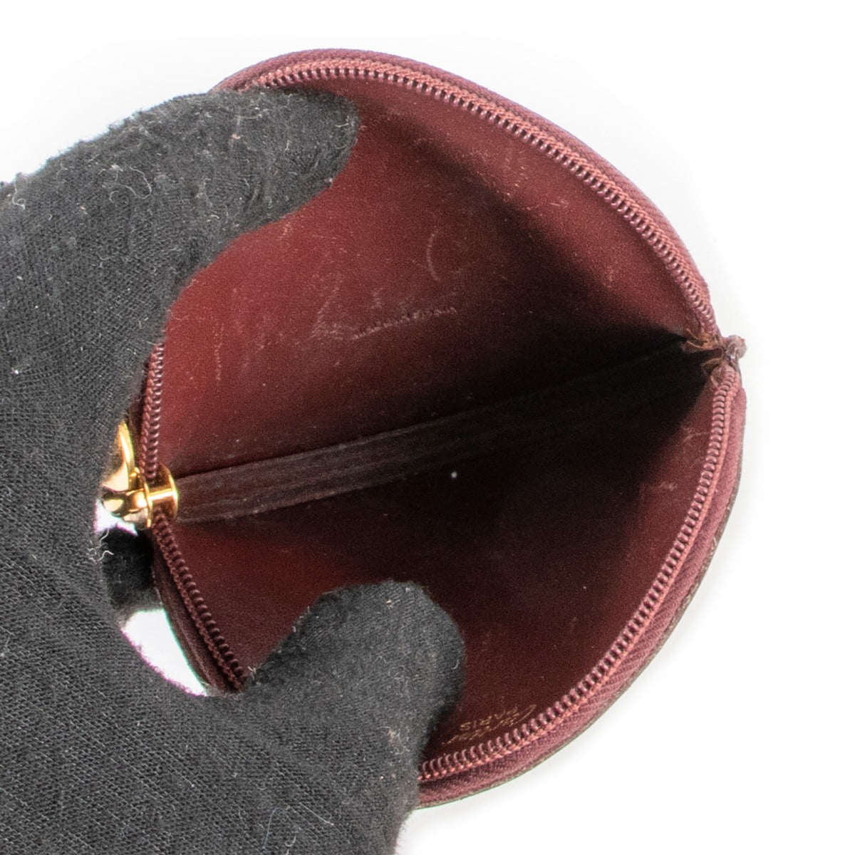 Buy an authentic second hand vintage Cartier Burgundy Round Coin Wallet in good condition at Labellov