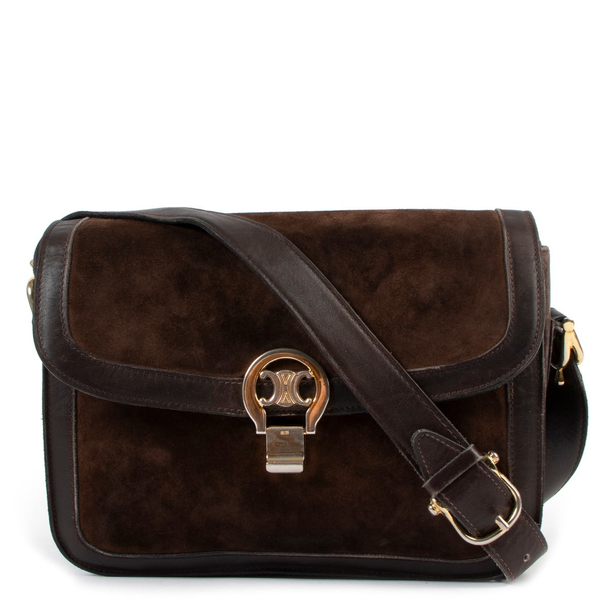 Buy an authentic second hand Celine Triomphe Logo Brown Suede Box Bag in good condition at Labellov