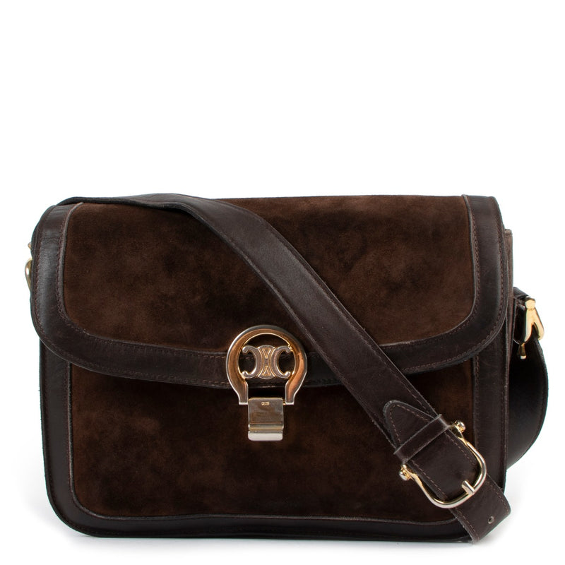 Buy an authentic second hand Celine Triomphe Logo Brown Suede Box Bag in good condition at Labellov