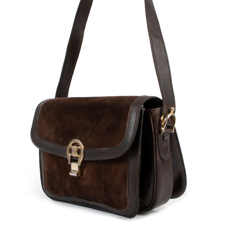 Buy an authentic second hand Celine Triomphe Logo Brown Suede Box Bag in good condition at Labellov