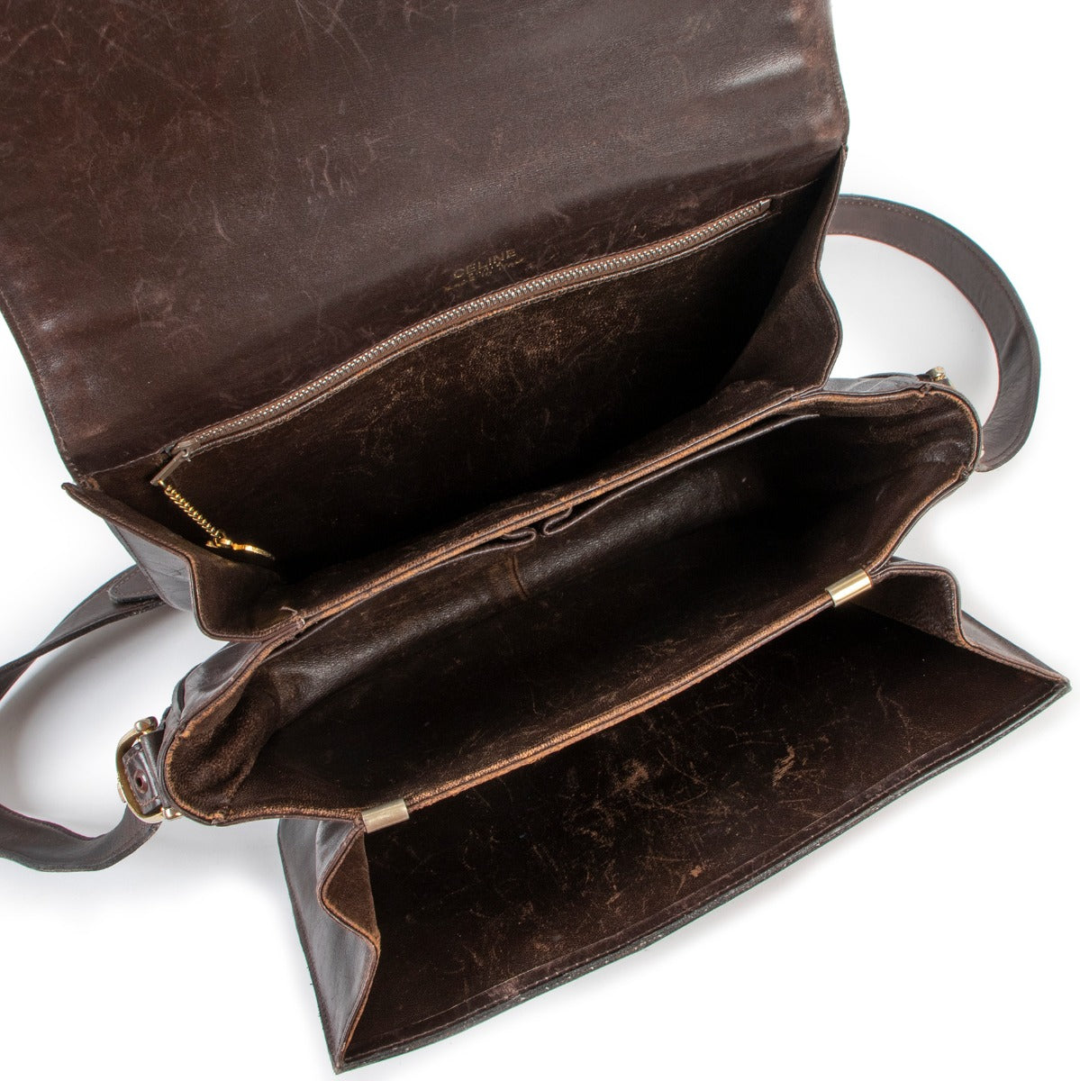 Buy an authentic second hand Celine Triomphe Logo Brown Suede Box Bag in good condition at Labellov