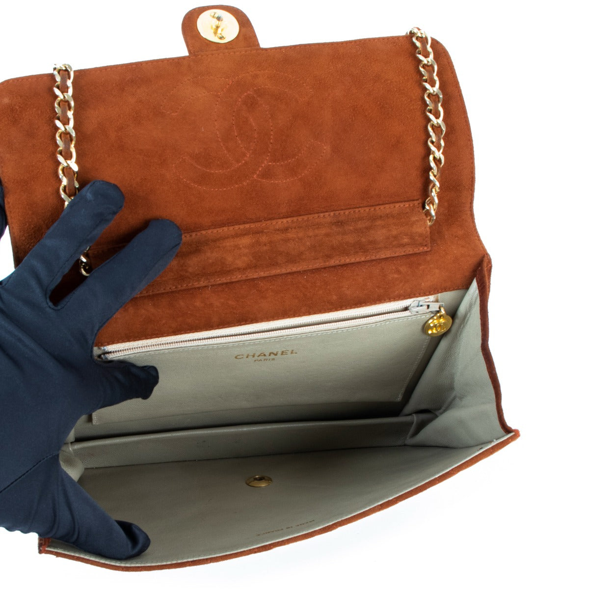Chanel Vintage Brown Suede Clutch With Chain