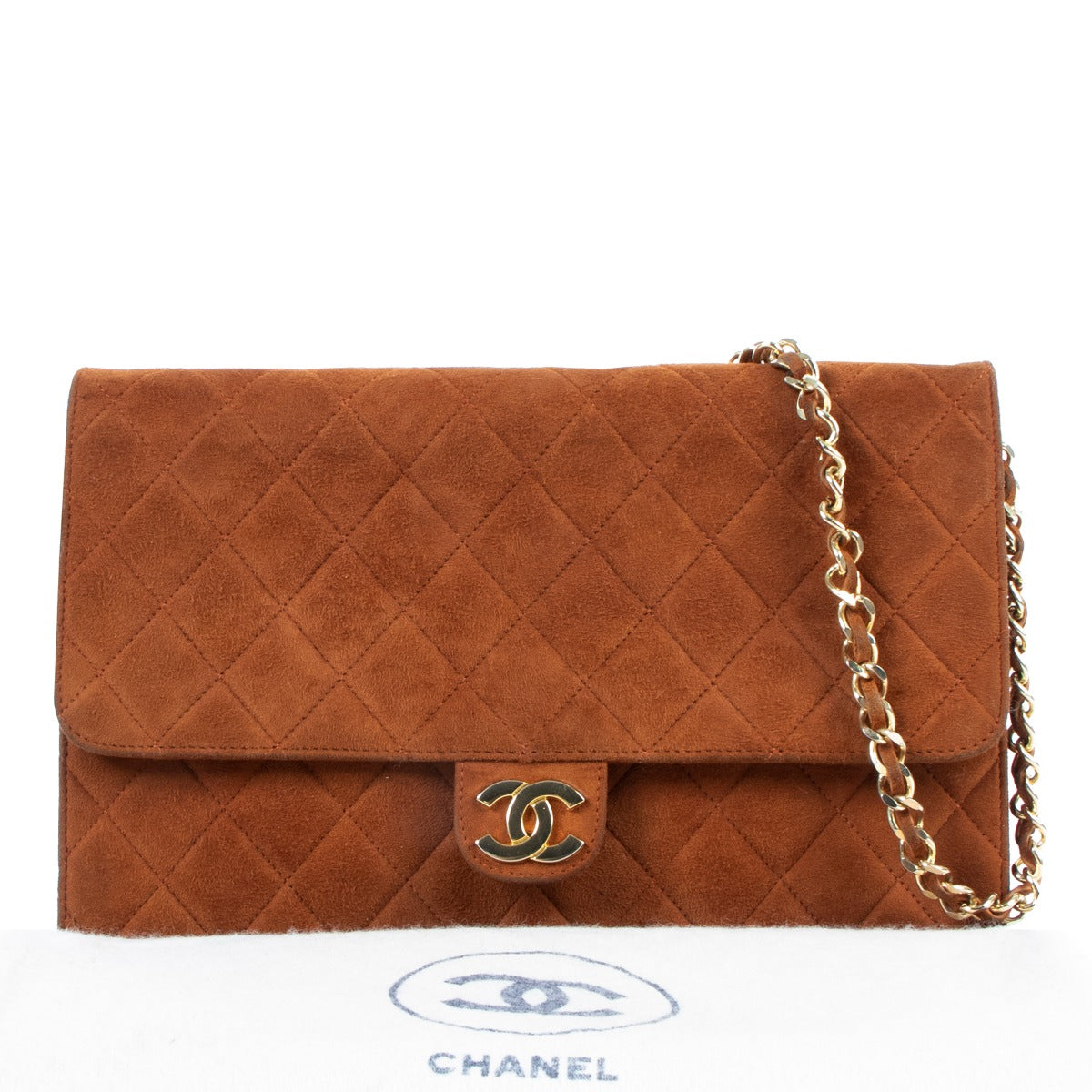 Chanel Vintage Brown Suede Clutch With Chain