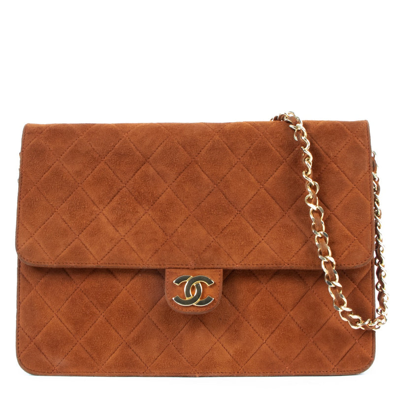 Chanel Vintage Brown Suede Clutch With Chain