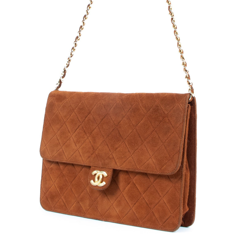 Chanel Vintage Brown Suede Clutch With Chain