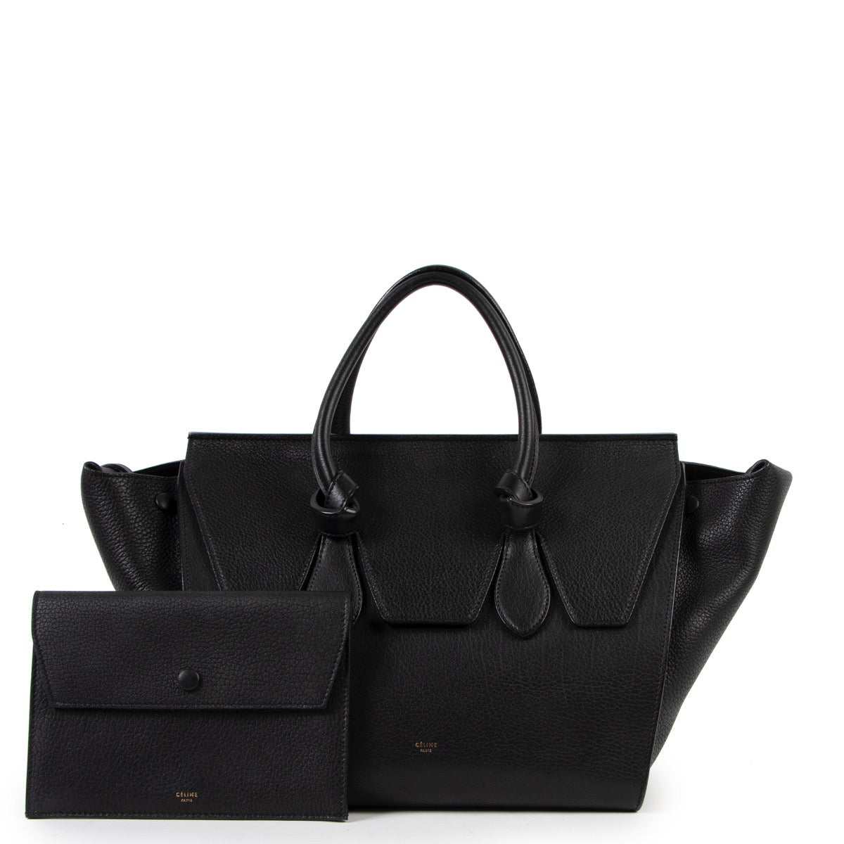 Buy online an authentic second hand Celine Black Medium Tie Knot Grained Leather Tote Bag in very good condition at Labellov in Antwerp.