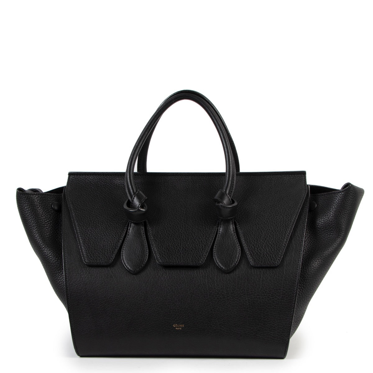 Buy online an authentic second hand Celine Black Medium Tie Knot Grained Leather Tote Bag in very good condition at Labellov in Antwerp.