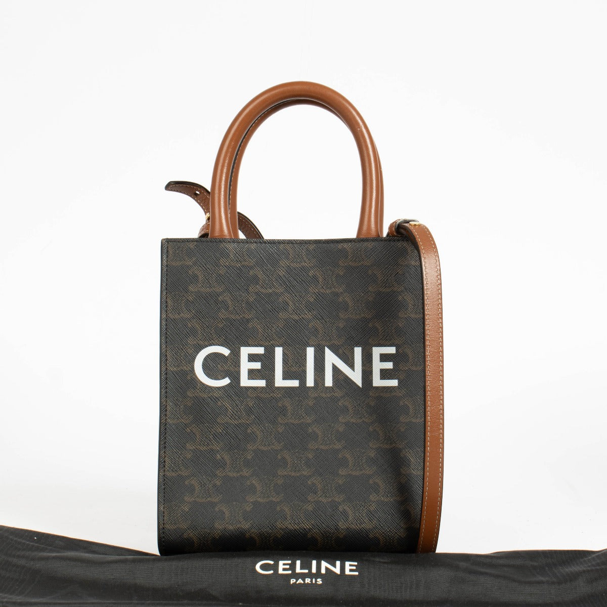 Shop the authentic Mini Vertical Cabas In Triomphe Canvas with Celine print pre-loved on Labellov.com
